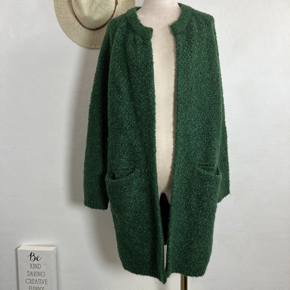 Axara Paris emerald green long cardigan sweater L pocket cozy lounge work church
